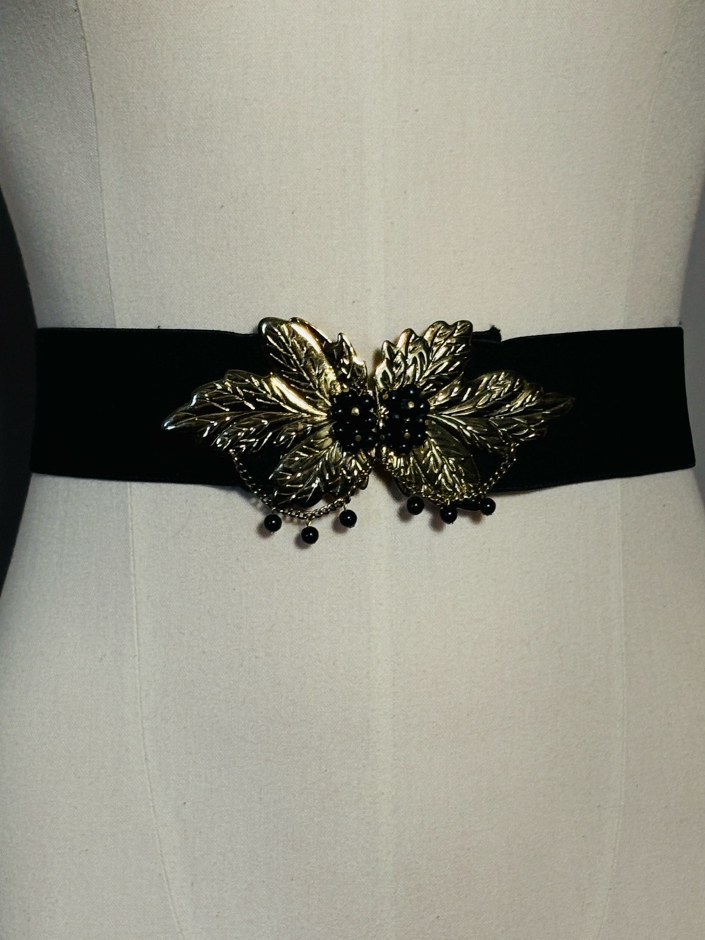 Gold Leaf Floral Buckle Black Elastic Waist Belt